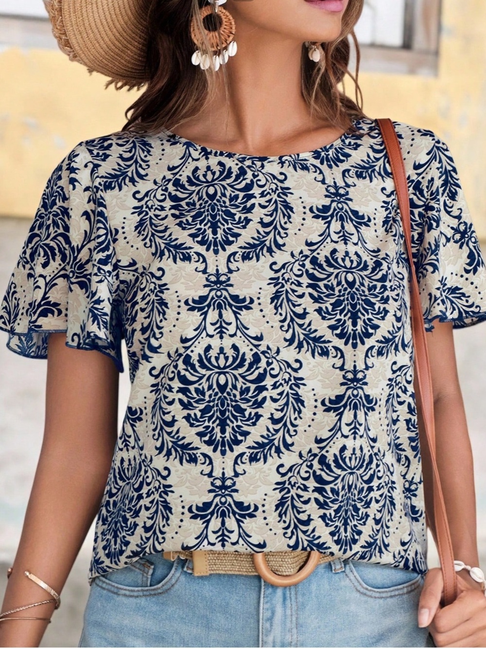 SHEIN Navy Damask Short Sleeve Blouse on Cream